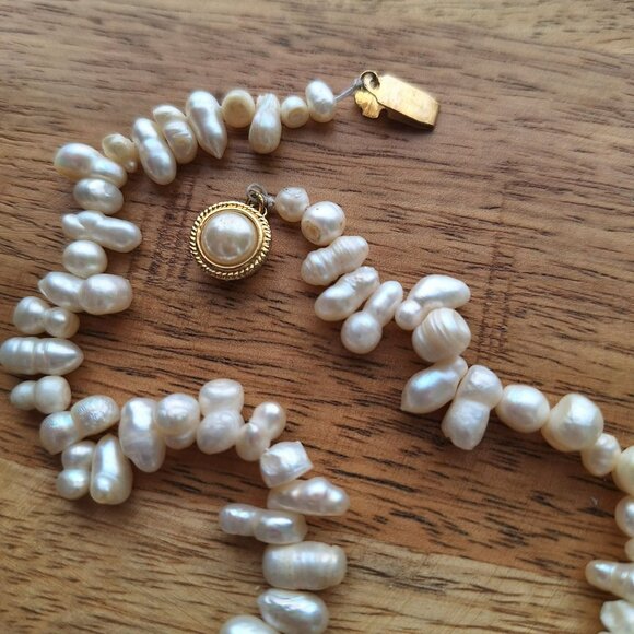Jewelry - Vintage Freshwater Pearl Necklace Gold Tone Clasp Irregular Shape Elongated